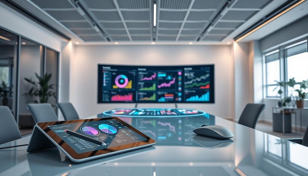 A modern, minimalist office space with sleek, silver-toned technological tools for operational excellence. In the foreground, a state-of-the-art touchscreen tablet, stylus, and wireless mouse sit atop a clean, glass desk. In the middle ground, a holographic display projects colorful data visualizations, highlighting key performance metrics. The background features a large, curved ultrawide monitor, its screen filled with real-time analytics dashboards. Overhead, a modular, adjustable lighting system casts a warm, focused glow across the scene. The overall atmosphere is one of efficiency, innovation, and data-driven decision-making.