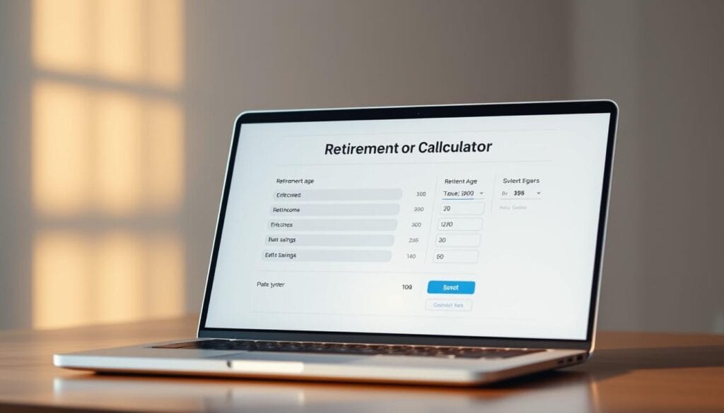 A modern, minimalist retirement calculator interface displayed on a sleek, silver laptop against a soft, blurred background. The calculator features bold, easy-to-read numbers and intuitive sliders for adjusting parameters like retirement age, income, and savings. The layout is clean and uncluttered, with thoughtfully placed icons and indicators providing key financial insights. Warm, indirect lighting from the laptop's screen casts a gentle glow, creating a sense of confidence and control over one's financial future. The overall mood is sophisticated, tech-savvy, and aspirational, reflecting the tool's ability to empower users to plan a secure and fulfilling retirement.