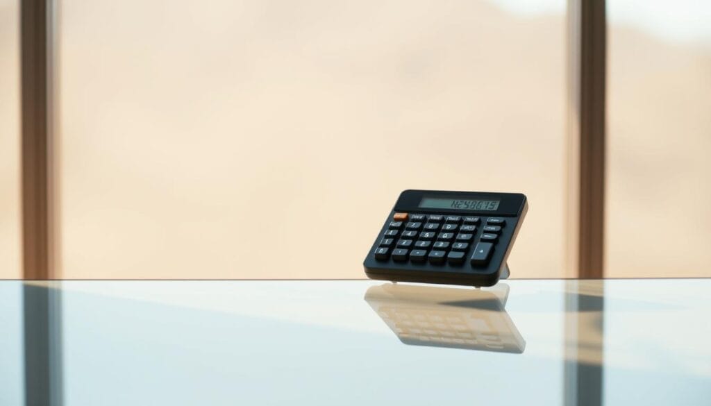 A modern, minimalist retirement planning calculator on a sleek, glass-topped desk. The calculator is centered, with clean lines and a digital display showing various financial calculations. The desk is set against a large window, allowing natural light to stream in and create a warm, serene atmosphere. The background is a soft, blurred gradient, drawing the focus to the calculator itself. The scene conveys a sense of organization, control, and a thoughtful approach to financial planning for the future.