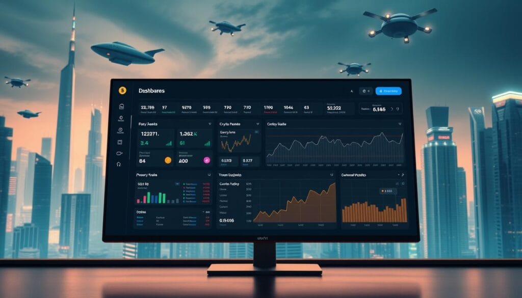 A modern, minimalist-style DeFi portfolio management tool displayed on a large, high-resolution desktop display. The foreground features a sleek, intuitive dashboard with customizable widgets tracking various crypto assets, lending/borrowing positions, and performance analytics. The middle ground showcases advanced charting capabilities, allowing users to monitor price movements, trends, and make informed trading decisions. In the background, a futuristic cityscape with towering skyscrapers and hovering vehicles creates an impressive, technologically-advanced atmosphere. Warm, subtle lighting accentuates the clean, modern aesthetic, with a calming color palette of blues, grays, and whites. The entire scene conveys a sense of efficiency, control, and the future of decentralized finance.