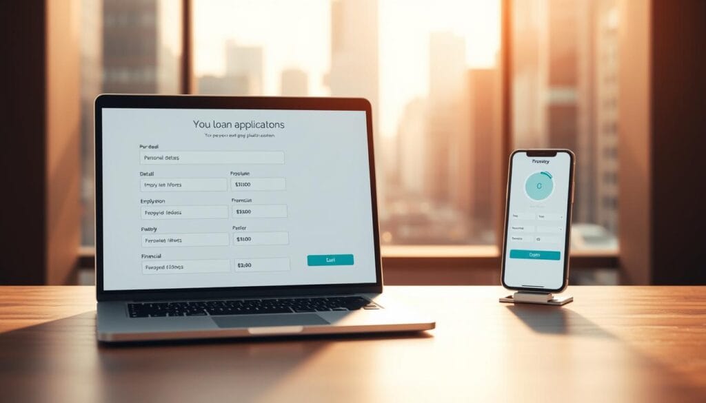A modern, minimalist web interface depicting an online loan application process. In the foreground, a laptop displays a clean, user-friendly form with fields for personal details, employment information, and financial data. In the middle ground, a smartphone shows a progress indicator, suggesting a seamless, mobile-friendly experience. The background features a blurred cityscape, evoking a sense of urban professionalism. The scene is bathed in warm, directional lighting, creating a welcoming and trustworthy atmosphere. The overall composition conveys efficiency, security, and a streamlined peer-to-peer lending platform experience.