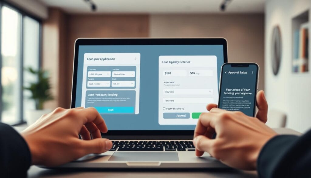 A modern, minimalist web page showcasing an online loan application process. In the foreground, a sleek laptop displaying a loan application form with clean, intuitive UI. The user's hands are interacting with the form, filling out fields. In the middle ground, a smartphone displays loan eligibility criteria and approval status. The background features a blurred office environment with neutral tones, conveying a professional, streamlined atmosphere. Soft, directional lighting creates a sense of focus and clarity. The overall scene captures the convenience and efficiency of the peer-to-peer lending experience.