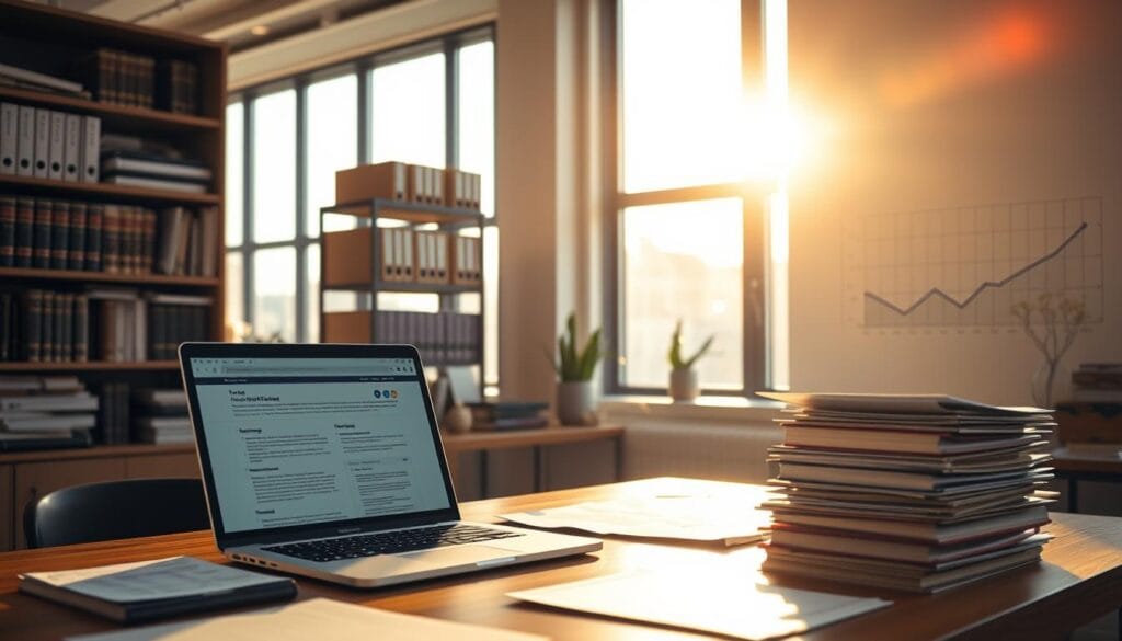 A modern office interior, bathed in warm, natural light spilling through large windows. In the foreground, a desk with a laptop displaying tax-related documents, surrounded by neatly organized folders and financial statements. In the middle ground, a bookshelf filled with tax law volumes and software manuals, hinting at the complexity of tax compliance. The background features a subtle graph or chart on the wall, visualizing key tax obligations and deadlines for a small business. The overall atmosphere conveys a sense of diligence, organization, and a desire to stay on top of evolving tax requirements.
