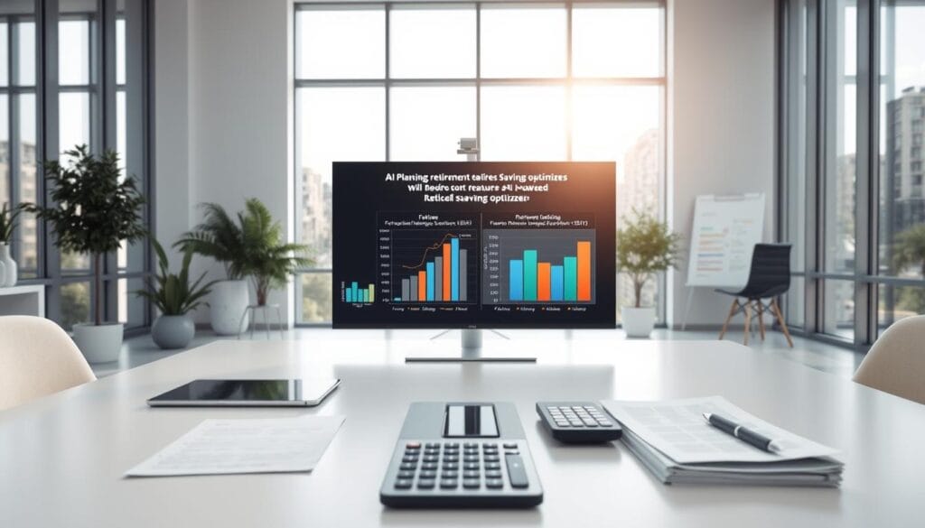 A modern office interior with a clean, minimalist design. In the foreground, a sleek desk displays various financial planning tools - a tablet, a smartphone, a calculator, and some paperwork. On the middle ground, a large monitor shows comparative graphs and charts analyzing the features and performance of different AI-powered retirement savings optimizers. The background features floor-to-ceiling windows, allowing natural light to flood the space and creating a bright, airy atmosphere. The overall scene conveys a sense of efficiency, technology, and data-driven financial decision-making.