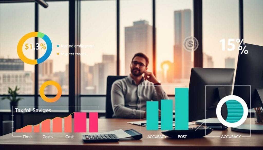 A modern office interior with a desk, computer, and calculator. In the foreground, colorful financial charts and graphs representing tax software benefits such as time savings, cost reductions, and improved accuracy. In the middle ground, a small business owner sitting at the desk, looking relieved and focused. The background features large windows with a cityscape view, bathed in warm, natural lighting. The overall atmosphere conveys a sense of productivity, organization, and the empowerment that tax automation can bring to small business owners.