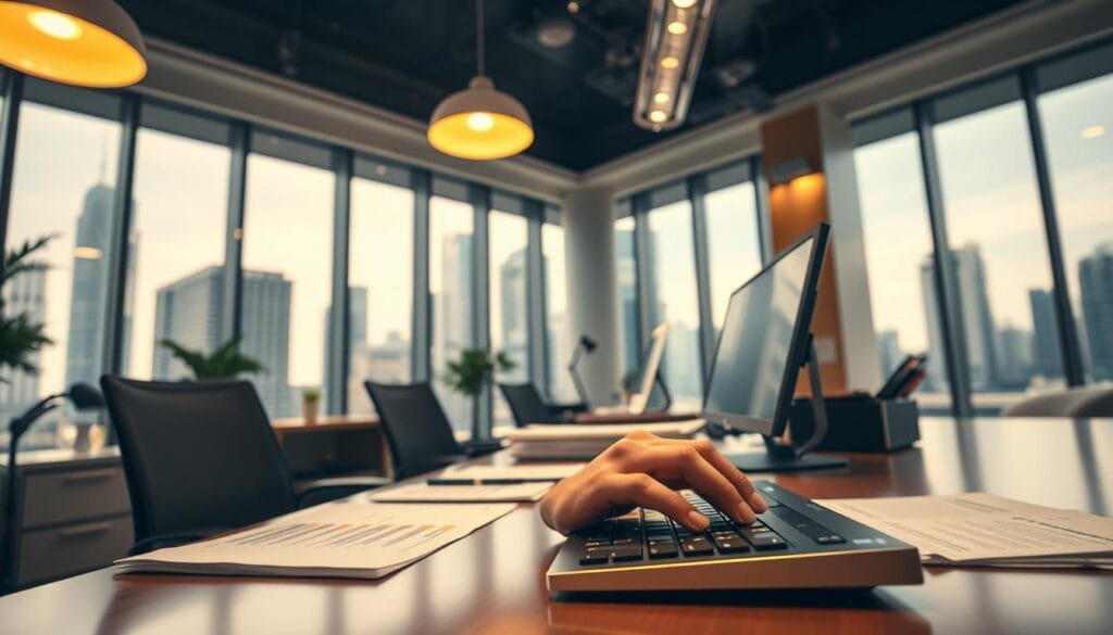A modern office interior with a desk, computer, and financial documents arranged neatly. Warm, diffused lighting from overhead fixtures casts a soft glow, creating an atmosphere of efficiency and professionalism. In the foreground, a person's hand rapidly typing on a keyboard, conveying the speed and ease of the loan processing. The background features tall windows overlooking a bustling city skyline, symbolizing the accessibility and convenience of the instant microloan service. The overall scene exudes a sense of productivity, reliability, and responsiveness to the user's urgent financial needs.