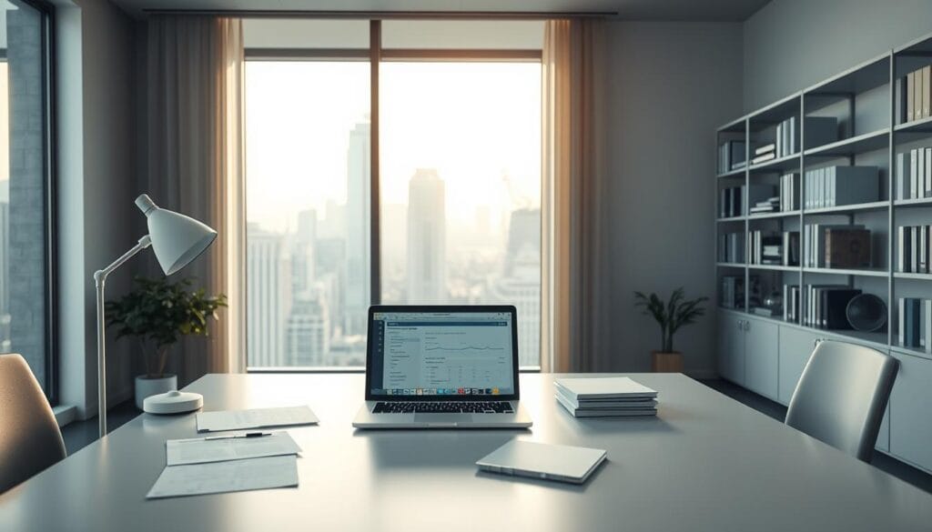 A modern office interior with a focus on an AI-powered tax preparation system. In the foreground, a sleek white desk with a laptop displaying tax filing software, surrounded by organizational documents and a minimalist desk lamp. The middle ground features a large window overlooking a bustling city skyline, casting a soft, warm glow throughout the space. In the background, shelves filled with reference books and tax-related paraphernalia convey a sense of expertise and professionalism. The lighting is subtle, with a balance of natural and artificial sources, creating a productive and efficient atmosphere. The overall composition emphasizes the seamless integration of technology and human expertise in the realm of tax planning for freelancers. A modern office interior with a focus on an AI-powered tax preparation system. In the foreground, a sleek white desk with a laptop displaying tax filing software, surrounded by organizational documents and a minimalist desk lamp. The middle ground features a large window overlooking a bustling city skyline, casting a soft, warm glow throughout the space. In the background, shelves filled with reference books and tax-related paraphernalia convey a sense of expertise and professionalism. The lighting is subtle, with a balance of natural and artificial sources, creating a productive and efficient atmosphere. The overall composition emphasizes the seamless integration of technology and human expertise in the realm of tax planning for freelancers.