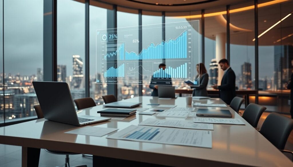 A modern office interior with a large, curved glass wall overlooking a bustling city skyline. In the foreground, a sleek, minimalist desk with a laptop, tablet, and paperwork spread out, exuding an air of professional efficiency. Hovering above the desk, a holographic display showcases dynamic financial charts and graphs, illustrating the power of AI-driven forecasting. The middle ground features a team of business analysts collaborating, their faces lit by the glow of their screens as they scrutinize the data. The background is bathed in the warm, ambient lighting of the office, creating a sense of focused productivity. The overall atmosphere conveys the benefits of implementing cutting-edge AI technology to elevate financial planning and decision-making. A modern office interior with a large, curved glass wall overlooking a bustling city skyline. In the foreground, a sleek, minimalist desk with a laptop, tablet, and paperwork spread out, exuding an air of professional efficiency. Hovering above the desk, a holographic display showcases dynamic financial charts and graphs, illustrating the power of AI-driven forecasting. The middle ground features a team of business analysts collaborating, their faces lit by the glow of their screens as they scrutinize the data. The background is bathed in the warm, ambient lighting of the office, creating a sense of focused productivity. The overall atmosphere conveys the benefits of implementing cutting-edge AI technology to elevate financial planning and decision-making.
