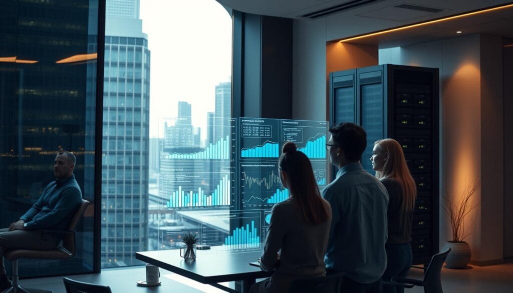 A modern office interior with a large curved window overlooking a bustling cityscape. In the foreground, a team of financial analysts collaborates around a holographic display, reviewing complex data visualizations and AI-generated forecasting models. Soft, indirect lighting casts a warm glow, creating an atmosphere of focused productivity. In the background, a towering server rack hums with the processing power required to power the advanced analytics. The scene conveys the seamless integration of cutting-edge technology and human expertise, illustrating the challenges and solutions of implementing AI-driven financial forecasting in 2025. A modern office interior with a large curved window overlooking a bustling cityscape. In the foreground, a team of financial analysts collaborates around a holographic display, reviewing complex data visualizations and AI-generated forecasting models. Soft, indirect lighting casts a warm glow, creating an atmosphere of focused productivity. In the background, a towering server rack hums with the processing power required to power the advanced analytics. The scene conveys the seamless integration of cutting-edge technology and human expertise, illustrating the challenges and solutions of implementing AI-driven financial forecasting in 2025.