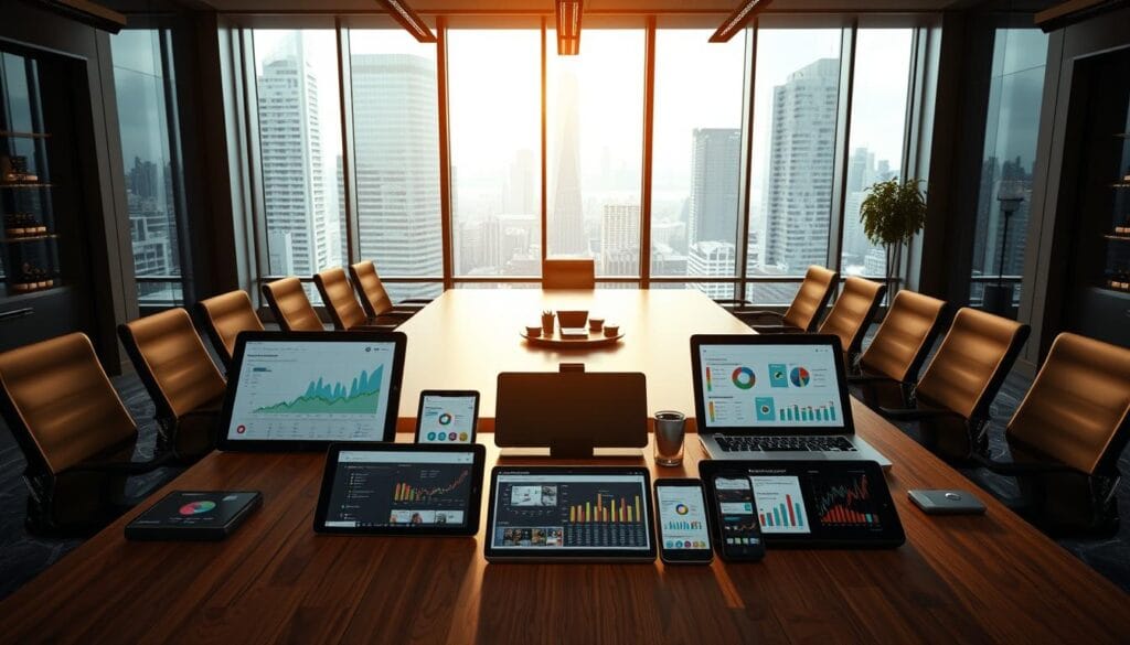 A modern office interior with a large desk showcasing a comparison of various AI expense management software solutions. The foreground features neatly arranged tablets, laptops, and smartphones displaying analytical dashboards, expense reports, and budget projections. In the middle ground, a well-lit conference table is surrounded by ergonomic office chairs, creating an atmosphere of productive collaboration. The background depicts floor-to-ceiling windows overlooking a vibrant cityscape, casting a warm, natural light across the scene. The overall mood is one of efficiency, innovation, and data-driven decision making. A modern office interior with a large desk showcasing a comparison of various AI expense management software solutions. The foreground features neatly arranged tablets, laptops, and smartphones displaying analytical dashboards, expense reports, and budget projections. In the middle ground, a well-lit conference table is surrounded by ergonomic office chairs, creating an atmosphere of productive collaboration. The background depicts floor-to-ceiling windows overlooking a vibrant cityscape, casting a warm, natural light across the scene. The overall mood is one of efficiency, innovation, and data-driven decision making.