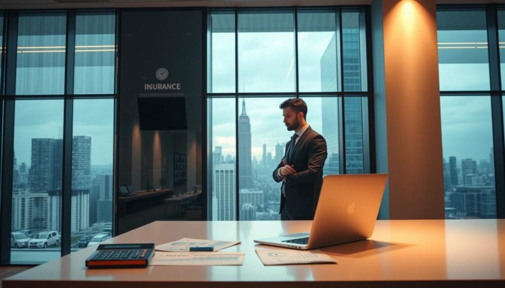 A modern office interior with a large transparent glass wall in the foreground, revealing a bustling city skyline in the background. The foreground features a stylish, minimalist desk with a laptop, calculator, and a few strategically placed data charts and financial documents. The desk is illuminated by sleek, recessed ceiling lighting, casting a warm glow. In the middle ground, a tall, young business professional stands, intently studying the data on the laptop screen, their face partially obscured by the screen's reflection. The overall scene conveys a sense of innovation, data-driven decision-making, and the intersection of technology and finance in the insurance industry. A modern office interior with a large transparent glass wall in the foreground, revealing a bustling city skyline in the background. The foreground features a stylish, minimalist desk with a laptop, calculator, and a few strategically placed data charts and financial documents. The desk is illuminated by sleek, recessed ceiling lighting, casting a warm glow. In the middle ground, a tall, young business professional stands, intently studying the data on the laptop screen, their face partially obscured by the screen's reflection. The overall scene conveys a sense of innovation, data-driven decision-making, and the intersection of technology and finance in the insurance industry.