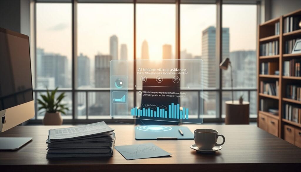 A modern office interior with a large window overlooking a bustling city skyline. In the foreground, a desk with a sleek computer, a stack of financial reports, and a cup of coffee. On the desk, an intelligent virtual assistant in the form of a holographic display, providing real-time insights and recommendations for portfolio rebalancing. The middle ground features a stylish office chair and a bookshelf filled with investment-related literature. The background is softly lit, creating a warm, productive atmosphere. The overall scene conveys the seamless integration of AI-powered financial management within a professional, technology-driven workspace. A modern office interior with a large window overlooking a bustling city skyline. In the foreground, a desk with a sleek computer, a stack of financial reports, and a cup of coffee. On the desk, an intelligent virtual assistant in the form of a holographic display, providing real-time insights and recommendations for portfolio rebalancing. The middle ground features a stylish office chair and a bookshelf filled with investment-related literature. The background is softly lit, creating a warm, productive atmosphere. The overall scene conveys the seamless integration of AI-powered financial management within a professional, technology-driven workspace.