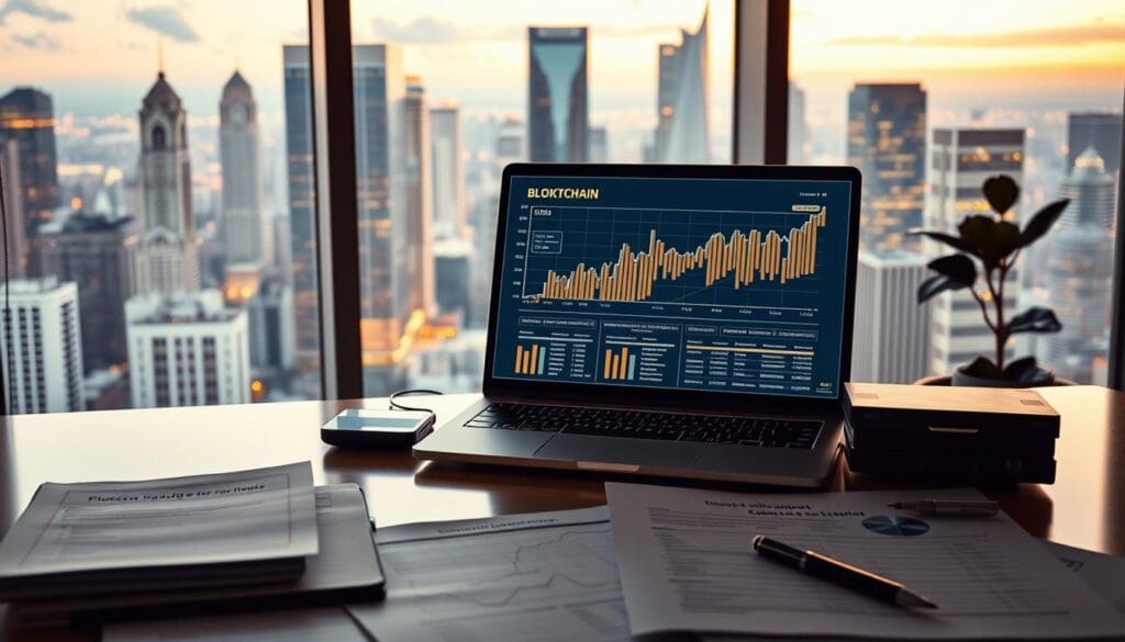 A modern office interior with a large window overlooking a bustling city skyline. On the desk, a laptop displays a blockchain transaction diagram, highlighting the benefits of decentralized budget management - secure data, transparent records, and automated workflows. The room is bathed in warm, soft lighting, conveying a sense of professionalism and innovation. In the foreground, financial reports and accounting tools are neatly organized, symbolizing the efficiency of blockchain-powered budget planning. The overall atmosphere is one of technological sophistication, financial control, and strategic decision-making.