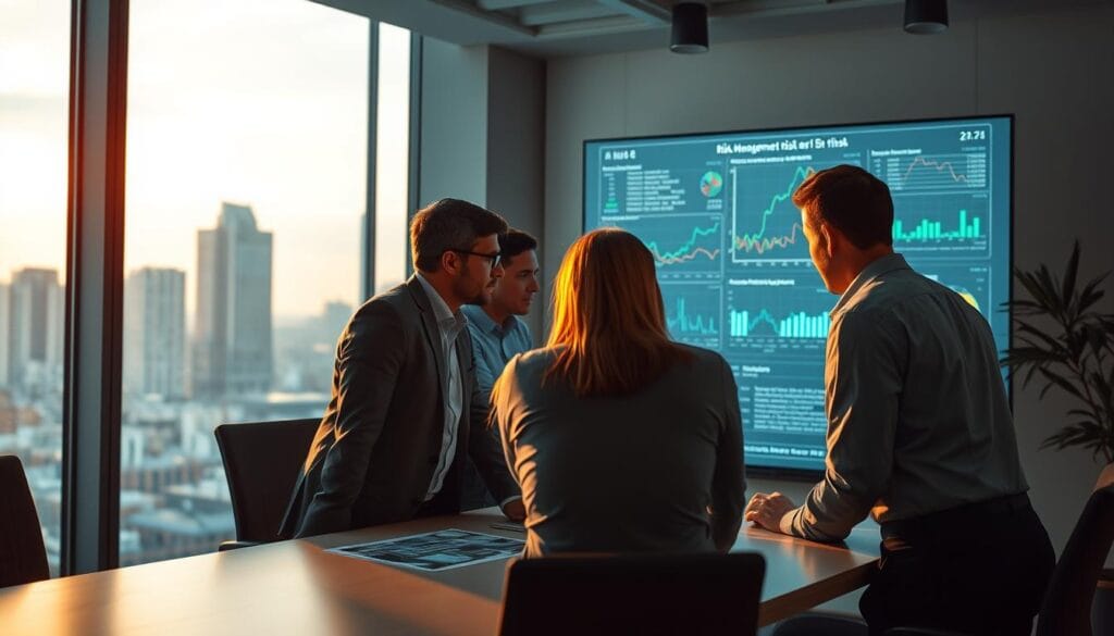 A modern office interior with a large window overlooking a cityscape in the background. In the foreground, a team of data analysts and risk management experts are gathered around a table, intently studying data visualizations and charts projected on a large screen. The lighting is soft and ambient, creating a focused, analytical atmosphere. The experts are dressed in professional attire, their expressions thoughtful and determined as they collaborate on optimizing AI-driven risk management strategies. The overall scene conveys a sense of innovation, technology, and the competitive edge gained through the strategic application of artificial intelligence in the field of investment risk assessment. A modern office interior with a large window overlooking a cityscape in the background. In the foreground, a team of data analysts and risk management experts are gathered around a table, intently studying data visualizations and charts projected on a large screen. The lighting is soft and ambient, creating a focused, analytical atmosphere. The experts are dressed in professional attire, their expressions thoughtful and determined as they collaborate on optimizing AI-driven risk management strategies. The overall scene conveys a sense of innovation, technology, and the competitive edge gained through the strategic application of artificial intelligence in the field of investment risk assessment.