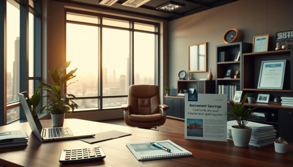 A modern office interior with a large window overlooking a cityscape. In the foreground, a wooden desk with a laptop, files, and a potted plant. On the desk, a calculator, pen, and a retirement savings plan brochure. In the middle ground, a comfortable leather chair and a framed certificate on the wall. The background features bookshelves, awards, and other professional decor, all bathed in warm, natural lighting. The overall mood is one of productivity, organization, and financial planning for the future. A modern office interior with a large window overlooking a cityscape. In the foreground, a wooden desk with a laptop, files, and a potted plant. On the desk, a calculator, pen, and a retirement savings plan brochure. In the middle ground, a comfortable leather chair and a framed certificate on the wall. The background features bookshelves, awards, and other professional decor, all bathed in warm, natural lighting. The overall mood is one of productivity, organization, and financial planning for the future.
