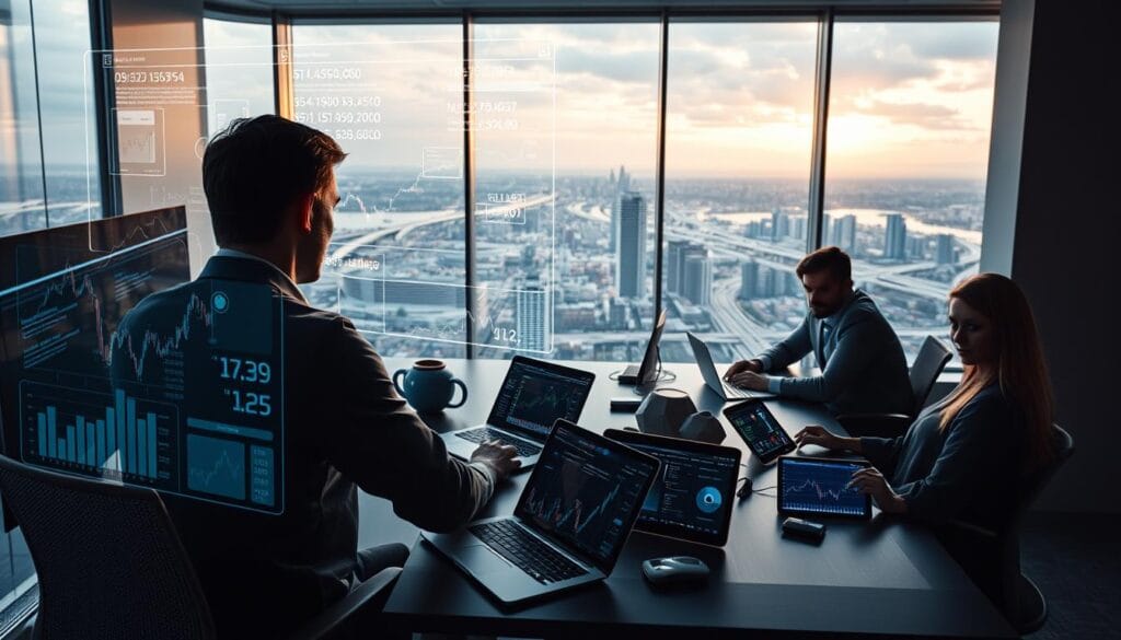 A modern office interior with a large window overlooking a vibrant city skyline. In the foreground, a person sits at a desk, intently studying a holographic display projecting complex financial data and algorithms. Surrounding the desk are various analytical tools, including a high-resolution monitor, a sleek laptop, and a tablet displaying real-time market trends. The middle ground features a team of professionals collaborating on a portfolio rebalancing strategy, their expressions focused and determined as they analyze charts and graphs. The background showcases a panoramic view of the city, with skyscrapers and highways visible, conveying a sense of the rapid pace of the financial world. Soft, directional lighting illuminates the scene, casting a warm, slightly futuristic glow over the entire composition. The overall atmosphere is one of technological sophistication, data-driven decision-making, and the constant evolution of modern portfolio management. A modern office interior with a large window overlooking a vibrant city skyline. In the foreground, a person sits at a desk, intently studying a holographic display projecting complex financial data and algorithms. Surrounding the desk are various analytical tools, including a high-resolution monitor, a sleek laptop, and a tablet displaying real-time market trends. The middle ground features a team of professionals collaborating on a portfolio rebalancing strategy, their expressions focused and determined as they analyze charts and graphs. The background showcases a panoramic view of the city, with skyscrapers and highways visible, conveying a sense of the rapid pace of the financial world. Soft, directional lighting illuminates the scene, casting a warm, slightly futuristic glow over the entire composition. The overall atmosphere is one of technological sophistication, data-driven decision-making, and the constant evolution of modern portfolio management.