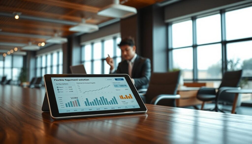 A modern office interior with a large, wooden desk in the foreground. On the desk, a tablet display shows various financial graphs and charts, illustrating flexible repayment options. In the middle ground, a person in a suit sits at the desk, gesturing towards the tablet, conveying a sense of financial expertise and personalized service. The background features floor-to-ceiling windows, allowing natural light to flood the space and create a warm, inviting atmosphere. The lighting is soft and diffused, creating a sense of professionalism and reliability. The overall scene suggests a financial institution that offers tailored, flexible solutions to its clients.