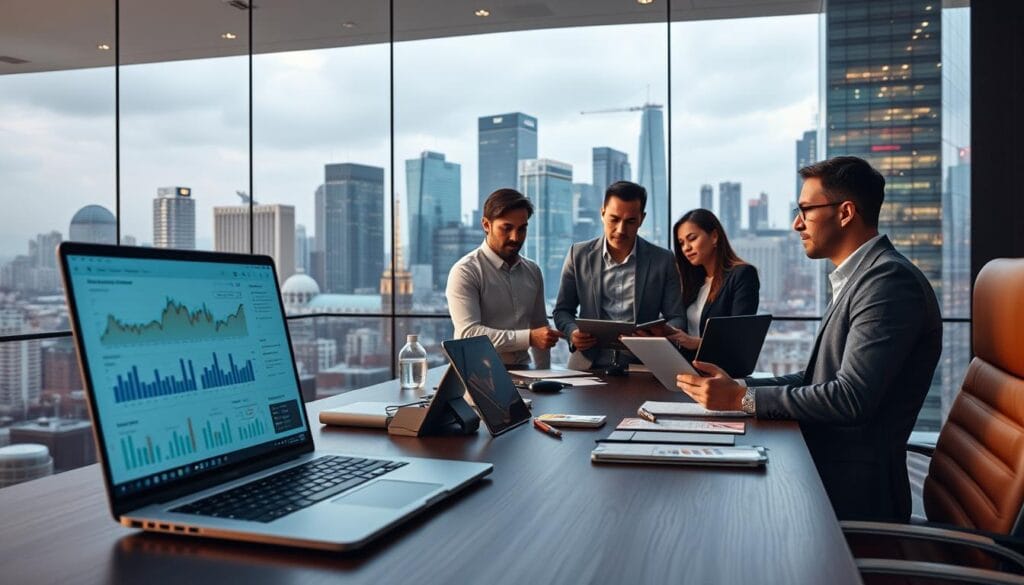 A modern office interior with a panoramic view of a bustling financial district. In the foreground, a sleek desk with a laptop, tablet, and various financial analytics tools. On the screen, dynamic charts and data visualizations illustrate key financial metrics. The middle ground features a team of professionals collaborating on financial forecasts, their expressions focused and determined. The background showcases the cityscape with towering skyscrapers, reflecting the fast-paced nature of the financial world. Warm, indirect lighting creates a sense of productivity and efficiency, while the overall composition conveys the power of AI-driven automation in streamlining financial operations. A modern office interior with a panoramic view of a bustling financial district. In the foreground, a sleek desk with a laptop, tablet, and various financial analytics tools. On the screen, dynamic charts and data visualizations illustrate key financial metrics. The middle ground features a team of professionals collaborating on financial forecasts, their expressions focused and determined. The background showcases the cityscape with towering skyscrapers, reflecting the fast-paced nature of the financial world. Warm, indirect lighting creates a sense of productivity and efficiency, while the overall composition conveys the power of AI-driven automation in streamlining financial operations.