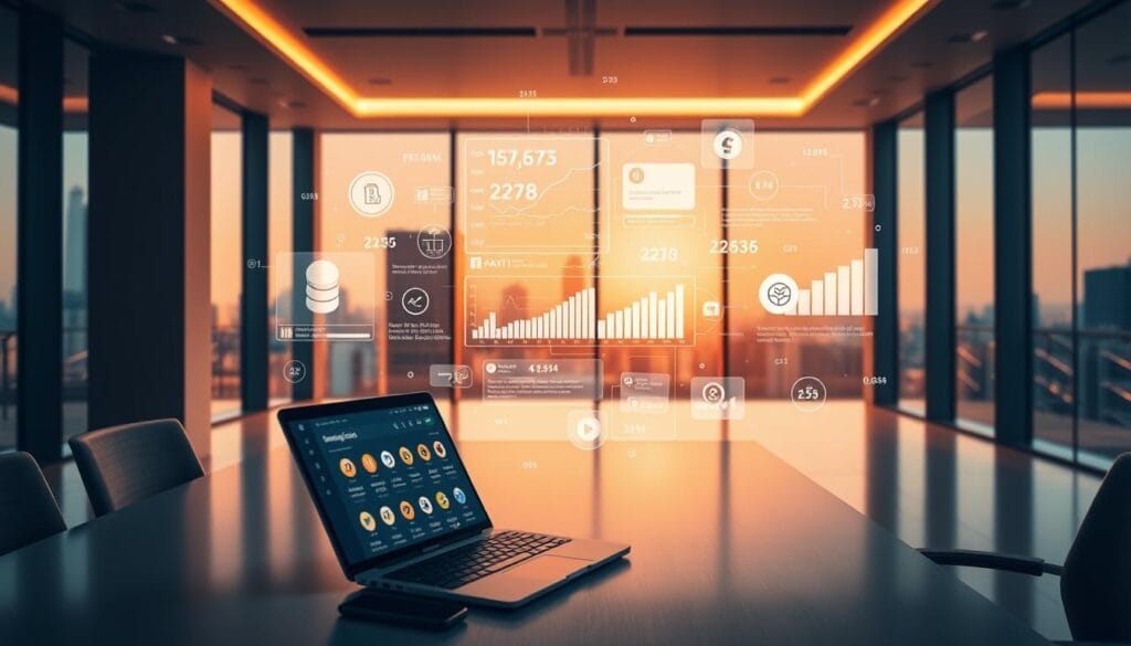 A modern office interior with a sleek, minimalist aesthetic. The foreground features a desk with a laptop, smartphone, and various cryptocurrency payment app icons displayed on the screen. In the middle ground, a holographic display projects various transaction data and analytics. The background showcases floor-to-ceiling windows with a cityscape view, bathed in warm, subdued lighting that creates a sophisticated, futuristic ambiance. The overall scene conveys a sense of technological advancement and the seamless integration of cryptocurrency payment solutions into everyday life.