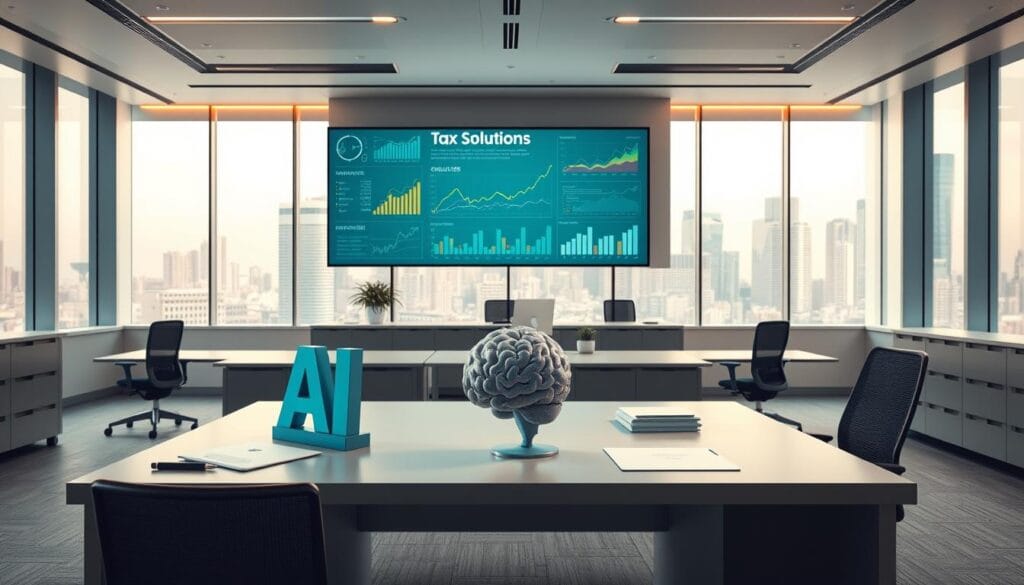 A modern office interior with a sleek, minimalist design. In the foreground, a large desk with a laptop, files, and a stylized 3D model of a human brain, representing the "AI" aspect. Behind it, a wall-mounted display showcases various financial graphs and charts, illustrating the "Tax Solutions" concept. The middle ground features ergonomic office chairs and filing cabinets, while the background depicts floor-to-ceiling windows overlooking a vibrant cityscape, bathed in warm, indirect lighting. The overall atmosphere conveys professionalism, efficiency, and the intersection of technology and finance. A modern office interior with a sleek, minimalist design. In the foreground, a large desk with a laptop, files, and a stylized 3D model of a human brain, representing the "AI" aspect. Behind it, a wall-mounted display showcases various financial graphs and charts, illustrating the "Tax Solutions" concept. The middle ground features ergonomic office chairs and filing cabinets, while the background depicts floor-to-ceiling windows overlooking a vibrant cityscape, bathed in warm, indirect lighting. The overall atmosphere conveys professionalism, efficiency, and the intersection of technology and finance.