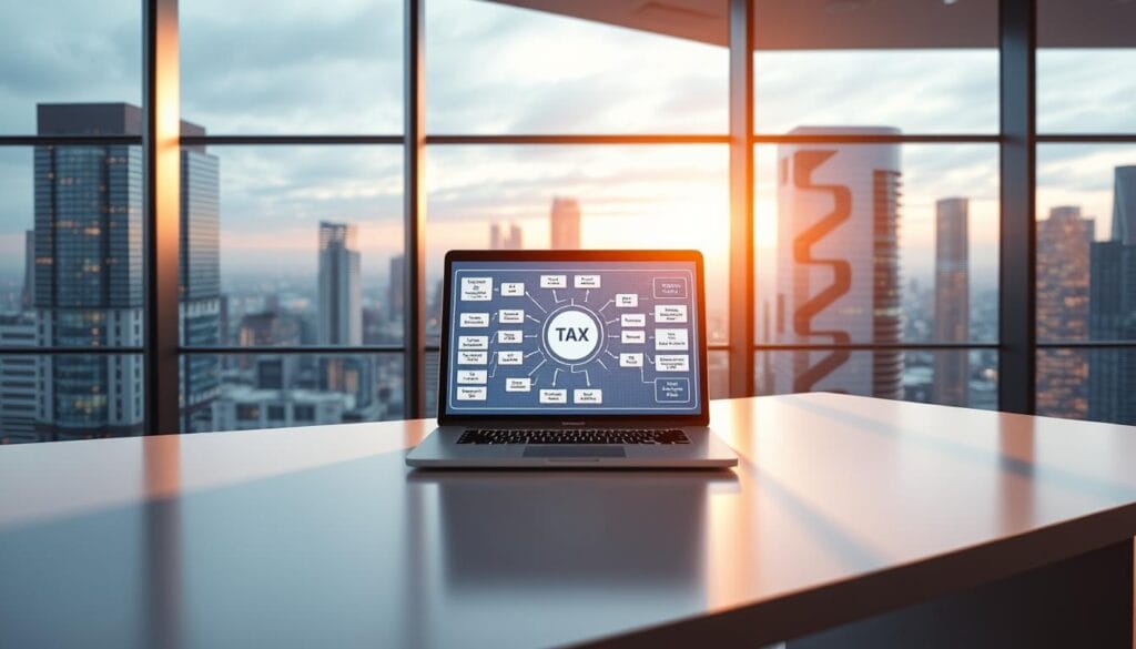 A modern office interior with an expansive glass window overlooking a vibrant cityscape. On a sleek, minimalist desk, a laptop displays a complex workflow diagram, representing the automation of tax processing. The scene is bathed in warm, focused lighting, casting subtle shadows that convey a sense of precision and efficiency. The atmosphere is one of technological sophistication, with a touch of futuristic flair, capturing the essence of AI-driven tax optimization.