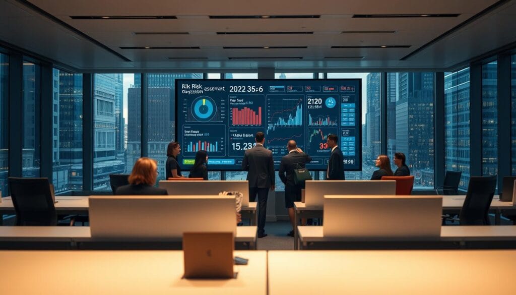 A modern office interior with floor-to-ceiling windows overlooking a bustling financial district. Sleek desks and ergonomic chairs in a neutral color palette. A large interactive touchscreen display dominates the center of the room, showing dynamic risk assessment visualizations and real-time market data. Refined lighting casts a warm glow, creating a sense of professionalism and productivity. In the foreground, a team of financial analysts intently study the data, their expressions intense as they assess potential risks and opportunities. The atmosphere is one of focused intensity, where cutting-edge technology empowers expert decision-making to navigate the complexities of the financial landscape. A modern office interior with floor-to-ceiling windows overlooking a bustling financial district. Sleek desks and ergonomic chairs in a neutral color palette. A large interactive touchscreen display dominates the center of the room, showing dynamic risk assessment visualizations and real-time market data. Refined lighting casts a warm glow, creating a sense of professionalism and productivity. In the foreground, a team of financial analysts intently study the data, their expressions intense as they assess potential risks and opportunities. The atmosphere is one of focused intensity, where cutting-edge technology empowers expert decision-making to navigate the complexities of the financial landscape.