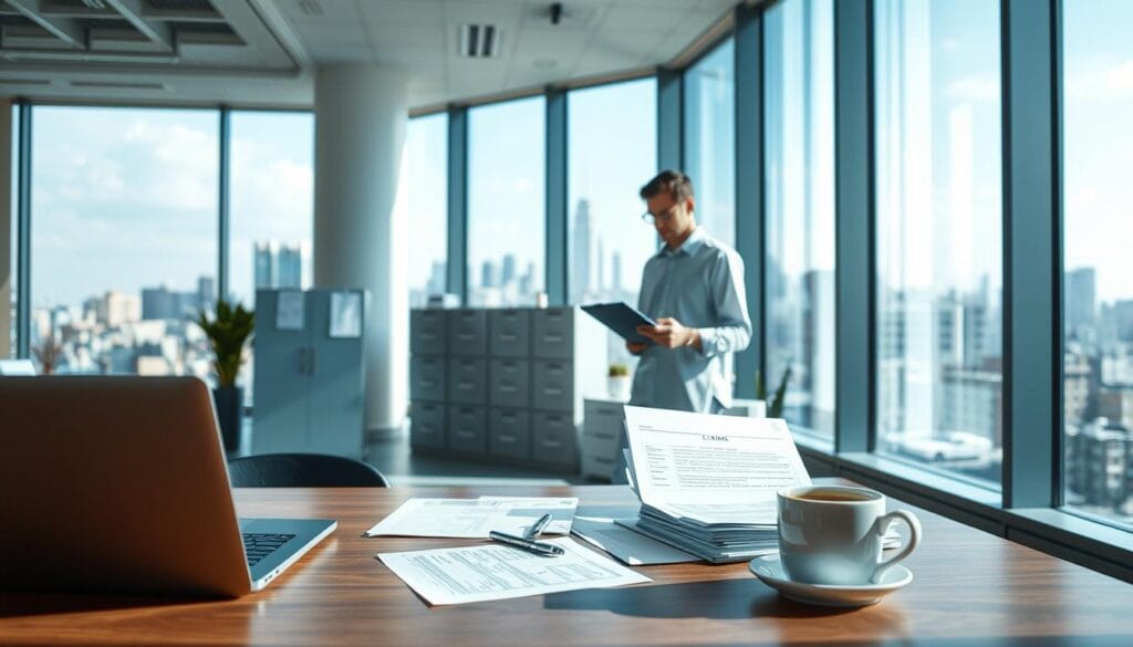A modern office interior with large windows, filled with natural light. In the foreground, a desk with a laptop, papers, and a cup of coffee, representing the process of claims handling. In the middle ground, an insurance agent using a tablet to review a claim, surrounded by filing cabinets and insurance-related documents. In the background, a city skyline visible through the windows, symbolizing the reach and impact of the AI-powered claims processing system. The scene conveys a sense of efficiency, productivity, and technological advancement in the insurance industry. A modern office interior with large windows, filled with natural light. In the foreground, a desk with a laptop, papers, and a cup of coffee, representing the process of claims handling. In the middle ground, an insurance agent using a tablet to review a claim, surrounded by filing cabinets and insurance-related documents. In the background, a city skyline visible through the windows, symbolizing the reach and impact of the AI-powered claims processing system. The scene conveys a sense of efficiency, productivity, and technological advancement in the insurance industry.