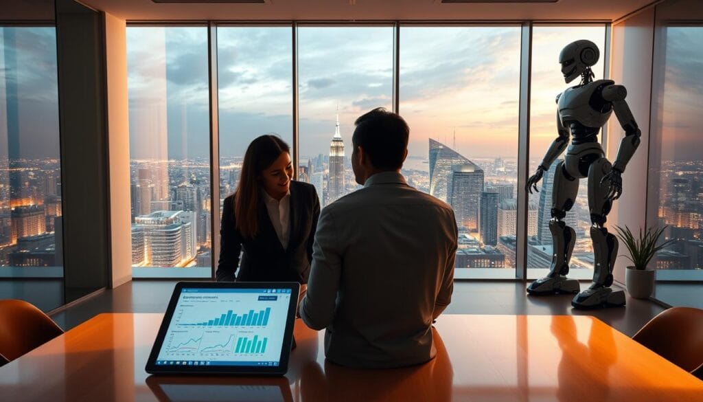 A modern office interior with sleek and minimalist design. In the foreground, a group of people are gathered around a table, engaged in a discussion. They appear to be financial advisors, dressed in professional attire. On the table, a digital tablet displays visualizations and charts, highlighting investment strategies and portfolio performance. In the middle ground, a large window provides a panoramic view of a vibrant city skyline, symbolizing the global reach and impact of the financial services industry. The lighting is warm and natural, creating a sense of professionalism and innovation. In the background, a towering robotic figure stands, its mechanical form casting a subtle shadow over the scene. This represents the integration of artificial intelligence and automation in the field of financial advisory services, offering "social impact robo-advisors" that cater to socially conscious investors. The overall atmosphere conveys a sense of technological sophistication, ethical responsibility, and a A modern office interior with sleek and minimalist design. In the foreground, a group of people are gathered around a table, engaged in a discussion. They appear to be financial advisors, dressed in professional attire. On the table, a digital tablet displays visualizations and charts, highlighting investment strategies and portfolio performance. In the middle ground, a large window provides a panoramic view of a vibrant city skyline, symbolizing the global reach and impact of the financial services industry. The lighting is warm and natural, creating a sense of professionalism and innovation. In the background, a towering robotic figure stands, its mechanical form casting a subtle shadow over the scene. This represents the integration of artificial intelligence and automation in the field of financial advisory services, offering "social impact robo-advisors" that cater to socially conscious investors. The overall atmosphere conveys a sense of technological sophistication, ethical responsibility, and a