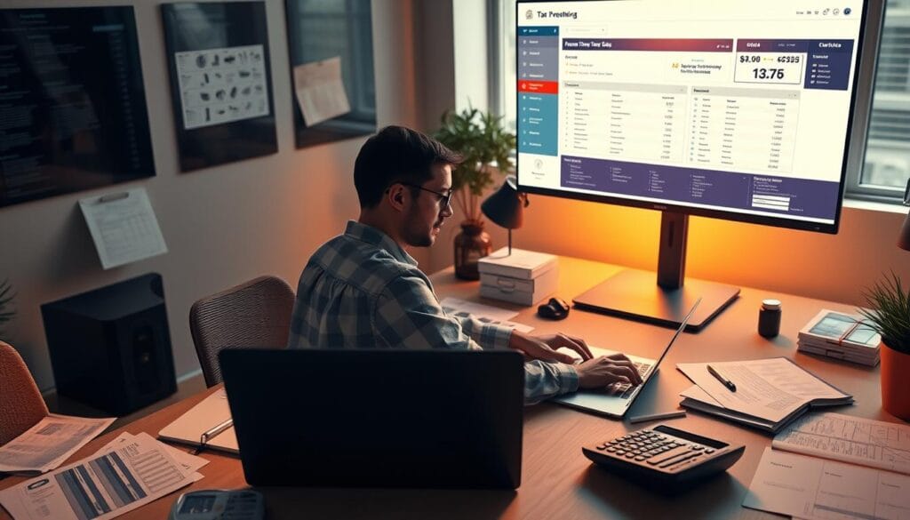 A modern office setting with a freelancer working on a laptop, surrounded by digital tax filing interfaces and financial documents. The scene is bathed in a warm, soft lighting, creating a focused and productive atmosphere. The freelancer's desk is neatly organized, with a tablet, calculator, and various tax-related materials. In the background, a large monitor displays tax preparation software, showcasing the simplicity and efficiency of digital tax filing for the freelancer in 2025. A modern office setting with a freelancer working on a laptop, surrounded by digital tax filing interfaces and financial documents. The scene is bathed in a warm, soft lighting, creating a focused and productive atmosphere. The freelancer's desk is neatly organized, with a tablet, calculator, and various tax-related materials. In the background, a large monitor displays tax preparation software, showcasing the simplicity and efficiency of digital tax filing for the freelancer in 2025.