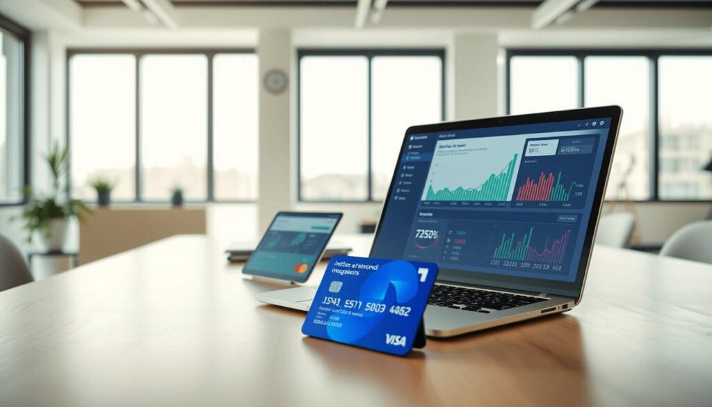 A modern office setting with a large desk showcasing an array of AI-powered credit management tools. In the foreground, a sleek laptop displays intuitive financial dashboards and analytical insights. Beside it, a tablet provides real-time updates on credit scores and payment histories. In the middle ground, a 3D-printed model of a credit card symbolizes the seamless integration of AI into the credit process. The background features floor-to-ceiling windows allowing natural light to illuminate the space, creating a sense of transparency and efficiency. Soft, neutral tones and minimalist decor exude a professional, forward-thinking atmosphere, reflecting the transformative potential of AI in small business credit management.