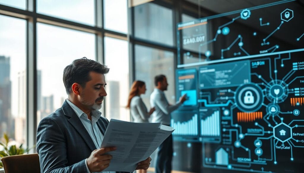 A modern office setting with a large window overlooking a cityscape. In the foreground, an executive is reviewing financial documents and insurance policies, deep in thought. In the middle ground, a team of employees collaborates on a digital risk management dashboard, analyzing data and mitigating potential cyber threats. The background features abstract visualizations of network connections, data flows, and security protocols, creating a sense of technological complexity and the importance of comprehensive risk management. The lighting is bright and natural, conveying a professional and efficient atmosphere. The camera angle is slightly elevated, giving an authoritative perspective on the integrated approach to cyber insurance and overall risk management. A modern office setting with a large window overlooking a cityscape. In the foreground, an executive is reviewing financial documents and insurance policies, deep in thought. In the middle ground, a team of employees collaborates on a digital risk management dashboard, analyzing data and mitigating potential cyber threats. The background features abstract visualizations of network connections, data flows, and security protocols, creating a sense of technological complexity and the importance of comprehensive risk management. The lighting is bright and natural, conveying a professional and efficient atmosphere. The camera angle is slightly elevated, giving an authoritative perspective on the integrated approach to cyber insurance and overall risk management.