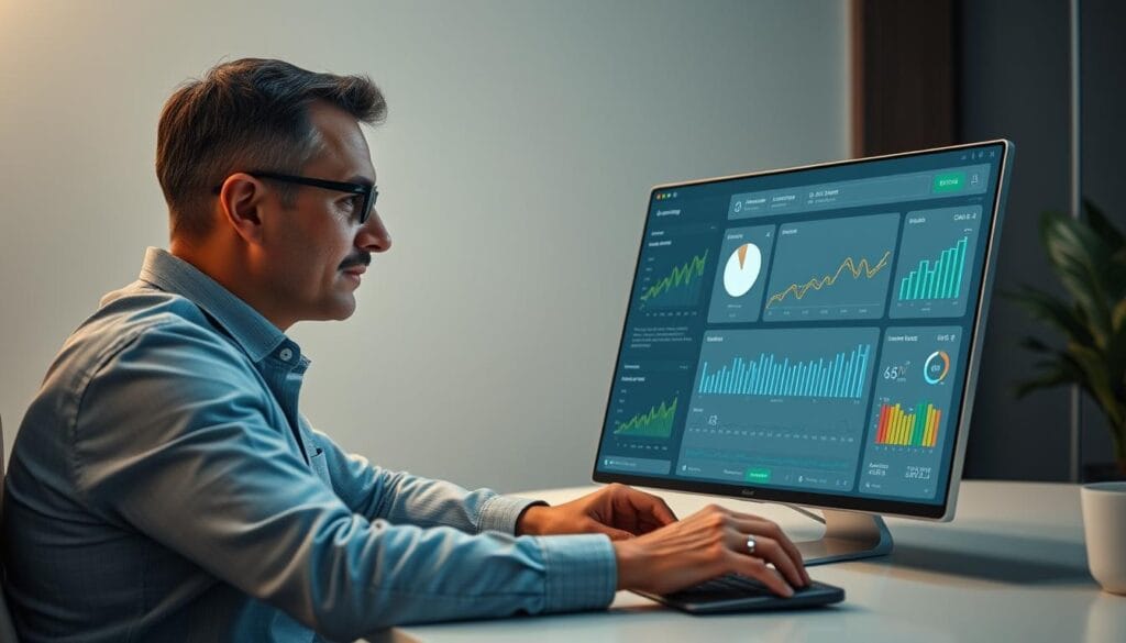 A modern office setting with a person sitting at a desk, engaged with a personalized AI-powered financial planning dashboard on a sleek, high-resolution display. The dashboard features customized graphs, charts, and projections tailored to the individual's financial goals and retirement needs. Soft, diffused lighting illuminates the scene, creating a sense of focus and contemplation. The person's expression conveys a thoughtful, yet confident demeanor as they interact with the intuitive interface, navigating their personalized financial roadmap toward a secure retirement. A modern office setting with a person sitting at a desk, engaged with a personalized AI-powered financial planning dashboard on a sleek, high-resolution display. The dashboard features customized graphs, charts, and projections tailored to the individual's financial goals and retirement needs. Soft, diffused lighting illuminates the scene, creating a sense of focus and contemplation. The person's expression conveys a thoughtful, yet confident demeanor as they interact with the intuitive interface, navigating their personalized financial roadmap toward a secure retirement.