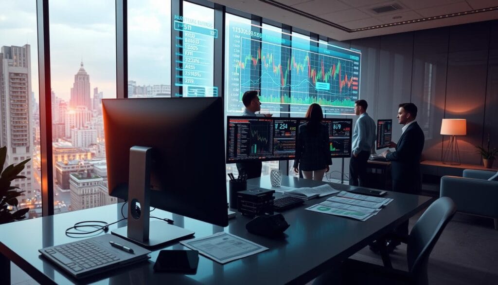 A modern office setting with sleek, minimalist furniture and floor-to-ceiling windows overlooking a bustling cityscape. In the foreground, a desk with a high-end desktop computer, a tablet, and several financial reports open. The middle ground features a team of financial analysts intently studying stock market data on multiple monitors, their expressions serious and focused. In the background, a large holographic display shows complex AI-driven stock market predictions and investment strategies, the data visualizations pulsing with vibrant colors. Soft, directional lighting casts a warm glow over the scene, creating a sense of diligence and innovation. A modern office setting with sleek, minimalist furniture and floor-to-ceiling windows overlooking a bustling cityscape. In the foreground, a desk with a high-end desktop computer, a tablet, and several financial reports open. The middle ground features a team of financial analysts intently studying stock market data on multiple monitors, their expressions serious and focused. In the background, a large holographic display shows complex AI-driven stock market predictions and investment strategies, the data visualizations pulsing with vibrant colors. Soft, directional lighting casts a warm glow over the scene, creating a sense of diligence and innovation.