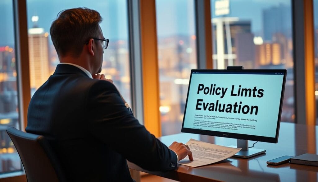 A modern office space with a large window overlooking a vibrant cityscape. On the desk, a computer displays an insurance policy document with the words "Policy Limits Evaluation" prominently featured. A businessperson in a crisp suit sits thoughtfully, reviewing the policy details. Soft, warm lighting illuminates the scene, creating a sense of contemplation and professionalism. The background is slightly blurred, keeping the focus on the policy document and the person evaluating it. The overall atmosphere conveys the importance of carefully considering policy limits and deductibles when selecting the right cyber insurance coverage for a small business. A modern office space with a large window overlooking a vibrant cityscape. On the desk, a computer displays an insurance policy document with the words "Policy Limits Evaluation" prominently featured. A businessperson in a crisp suit sits thoughtfully, reviewing the policy details. Soft, warm lighting illuminates the scene, creating a sense of contemplation and professionalism. The background is slightly blurred, keeping the focus on the policy document and the person evaluating it. The overall atmosphere conveys the importance of carefully considering policy limits and deductibles when selecting the right cyber insurance coverage for a small business.