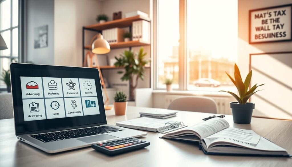 A modern office space with a professional business setting. In the foreground, a laptop displays various tax deduction icons and documents related to advertising, marketing, and professional services. On the desk, a calculator, pen, and papers showcasing financial figures. The middle ground features a stylish desk lamp, a potted plant, and an open notebook with scribbled notes. The background shows shelves with accounting ledgers, a framed motivational quote, and a large window allowing natural light to cascade through, creating a warm and productive atmosphere. The scene conveys the importance of maximizing tax deductions for small businesses. A modern office space with a professional business setting. In the foreground, a laptop displays various tax deduction icons and documents related to advertising, marketing, and professional services. On the desk, a calculator, pen, and papers showcasing financial figures. The middle ground features a stylish desk lamp, a potted plant, and an open notebook with scribbled notes. The background shows shelves with accounting ledgers, a framed motivational quote, and a large window allowing natural light to cascade through, creating a warm and productive atmosphere. The scene conveys the importance of maximizing tax deductions for small businesses.