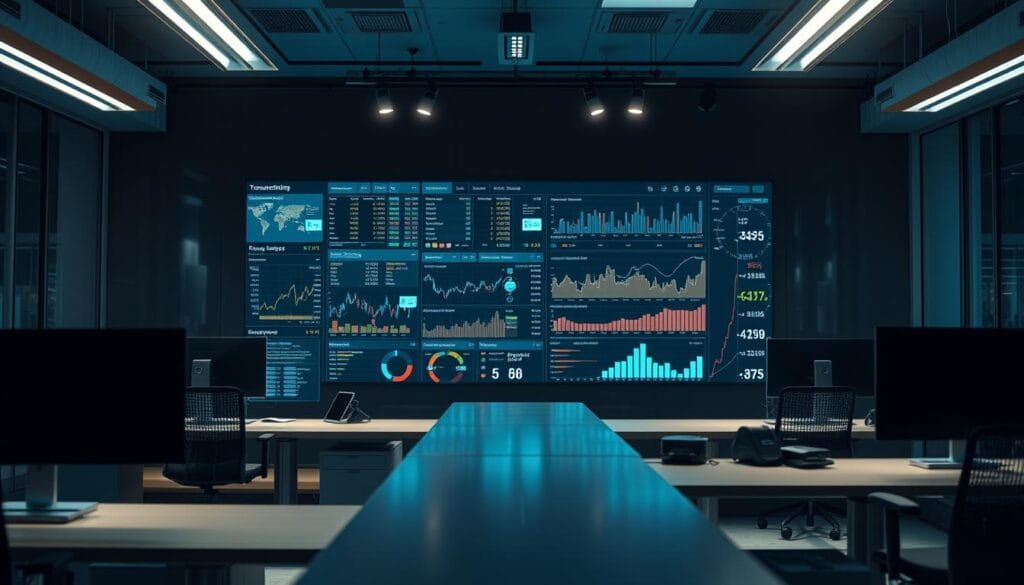 A modern office space with sophisticated workstations. In the foreground, a large, high-resolution display showcases real-time financial data and transaction monitoring visualizations. Algorithms analyze streams of transactions, highlighting anomalies and potential risks through detailed charts and graphs. Surrounded by a minimalist, technology-driven ambiance with sleek furniture and neutral tones, the overall scene conveys a sense of efficiency, control, and innovation in the field of financial compliance. Dramatic lighting from overhead fixtures accentuates the dynamic data elements, creating a captivating and immersive environment that reflects the power of advanced RegTech solutions.