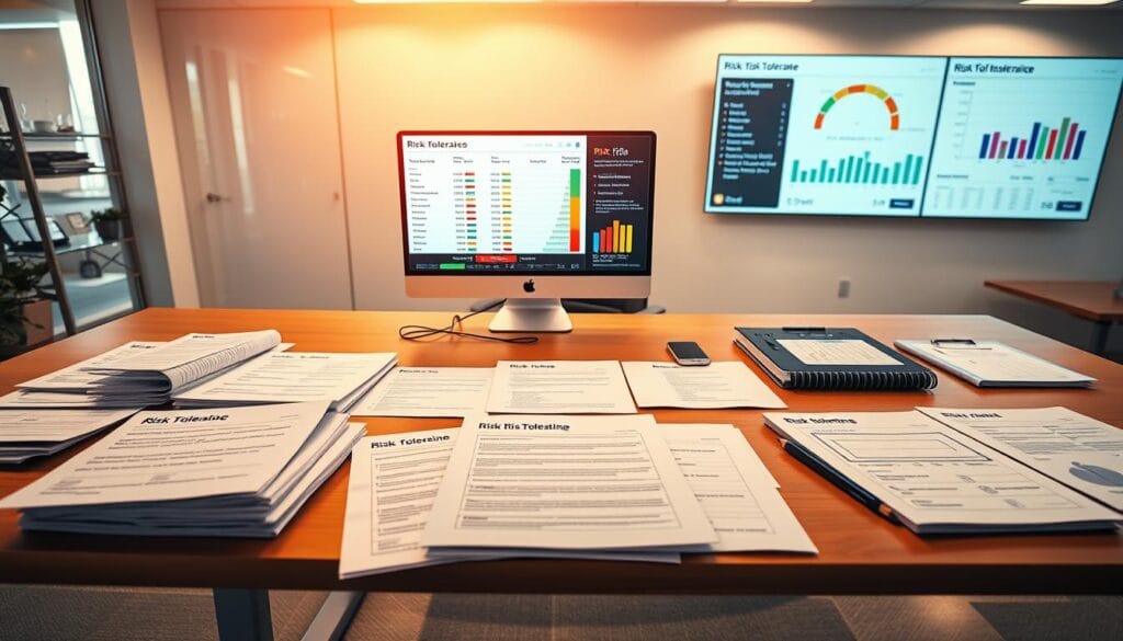 A modern office workspace with a large desk showcasing a variety of risk tolerance assessment tools. In the foreground, various questionnaires, risk profiling forms, and interactive digital interfaces are neatly arranged, inviting the viewer to explore them. The middle ground features a sleek desktop computer displaying a visually engaging risk assessment dashboard, while the background showcases a wall-mounted display with a comprehensive risk tolerance scale and analytical graphs. The overall scene is brightly lit, with warm and professional tones, conveying a sense of informed financial decision-making. A modern office workspace with a large desk showcasing a variety of risk tolerance assessment tools. In the foreground, various questionnaires, risk profiling forms, and interactive digital interfaces are neatly arranged, inviting the viewer to explore them. The middle ground features a sleek desktop computer displaying a visually engaging risk assessment dashboard, while the background showcases a wall-mounted display with a comprehensive risk tolerance scale and analytical graphs. The overall scene is brightly lit, with warm and professional tones, conveying a sense of informed financial decision-making.