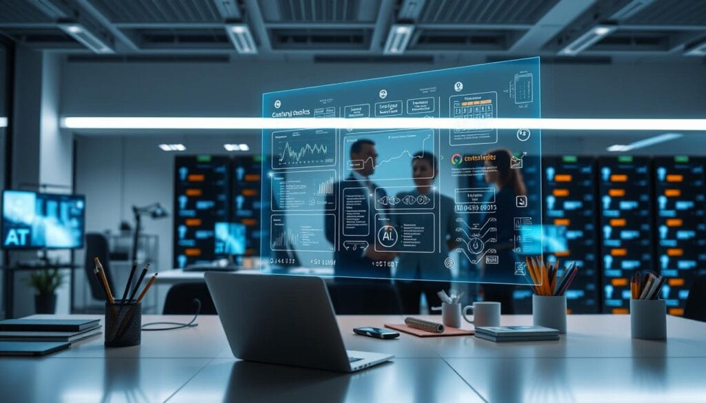 A modern office workspace with a sleek, minimalist aesthetic. In the foreground, a well-organized desk showcases a laptop, tablet, and various office supplies, all seamlessly integrated. The middle ground depicts a team of professionals collaborating, their faces obscured, as they navigate a holographic display filled with financial data and tax workflow diagrams. In the background, a series of interconnected servers and screens, casting a soft, blue-hued glow, symbolize the integration of AI and automation technologies powering the efficient tax workflows. The overall atmosphere conveys a sense of productivity, innovation, and the transformative impact of technology on the tax industry.