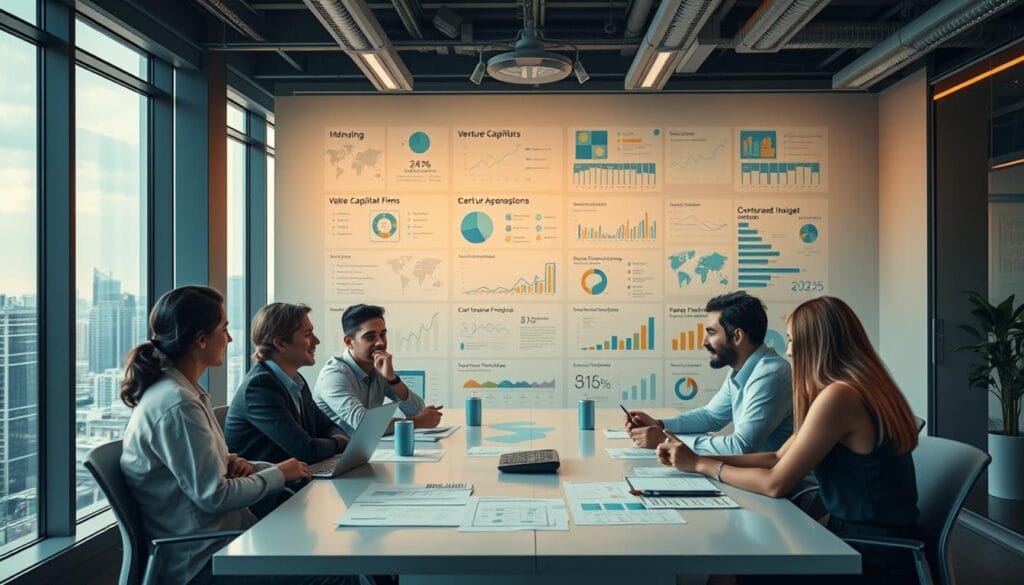 A modern office workspace with floor-to-ceiling windows overlooking a bustling city skyline. In the foreground, a group of young, passionate entrepreneurs discuss startup funding options on a sleek conference table, surrounded by a variety of visual aids and financial charts. In the middle ground, a wall display showcases different funding sources - from venture capital firms to angel investors to crowdfunding platforms. The background features an array of dynamic infographics and data visualizations, illustrating the latest trends in startup financing for the year 2025. The lighting is warm and inviting, creating a sense of innovation and possibility. Captured with a wide-angle lens to emphasize the collaborative, future-focused atmosphere. A modern office workspace with floor-to-ceiling windows overlooking a bustling city skyline. In the foreground, a group of young, passionate entrepreneurs discuss startup funding options on a sleek conference table, surrounded by a variety of visual aids and financial charts. In the middle ground, a wall display showcases different funding sources - from venture capital firms to angel investors to crowdfunding platforms. The background features an array of dynamic infographics and data visualizations, illustrating the latest trends in startup financing for the year 2025. The lighting is warm and inviting, creating a sense of innovation and possibility. Captured with a wide-angle lens to emphasize the collaborative, future-focused atmosphere.