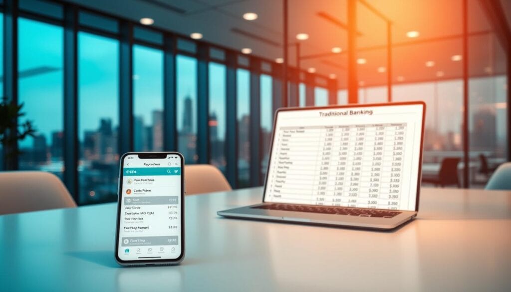 A modern office workspace with minimalist furniture and sleek technology. In the foreground, a smartphone displaying a mobile payment app with efficient transaction processing and cost-saving features. In the middle ground, a laptop open to a spreadsheet comparing the costs of traditional banking and mobile payments. The background is a large window overlooking a bustling city skyline, bathed in warm, natural lighting. The overall atmosphere conveys a sense of productivity, innovation, and financial optimization. A modern office workspace with minimalist furniture and sleek technology. In the foreground, a smartphone displaying a mobile payment app with efficient transaction processing and cost-saving features. In the middle ground, a laptop open to a spreadsheet comparing the costs of traditional banking and mobile payments. The background is a large window overlooking a bustling city skyline, bathed in warm, natural lighting. The overall atmosphere conveys a sense of productivity, innovation, and financial optimization.