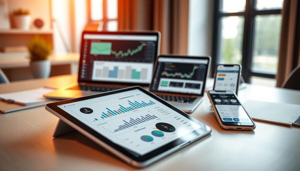 A modern office workspace with sleek, minimalist digital devices arranged on a tidy desk. In the foreground, a tablet displays interactive financial planning tools, charts, and graphs. In the middle ground, a laptop and smartphone showcase various fintech apps, their screens filled with budgeting interfaces and investment portfolio dashboards. The background features a warm, natural lighting that casts a soft glow, creating a professional yet inviting atmosphere. The overall scene conveys a sense of efficiency, organization, and the seamless integration of technology in personal finance management. A modern office workspace with sleek, minimalist digital devices arranged on a tidy desk. In the foreground, a tablet displays interactive financial planning tools, charts, and graphs. In the middle ground, a laptop and smartphone showcase various fintech apps, their screens filled with budgeting interfaces and investment portfolio dashboards. The background features a warm, natural lighting that casts a soft glow, creating a professional yet inviting atmosphere. The overall scene conveys a sense of efficiency, organization, and the seamless integration of technology in personal finance management.