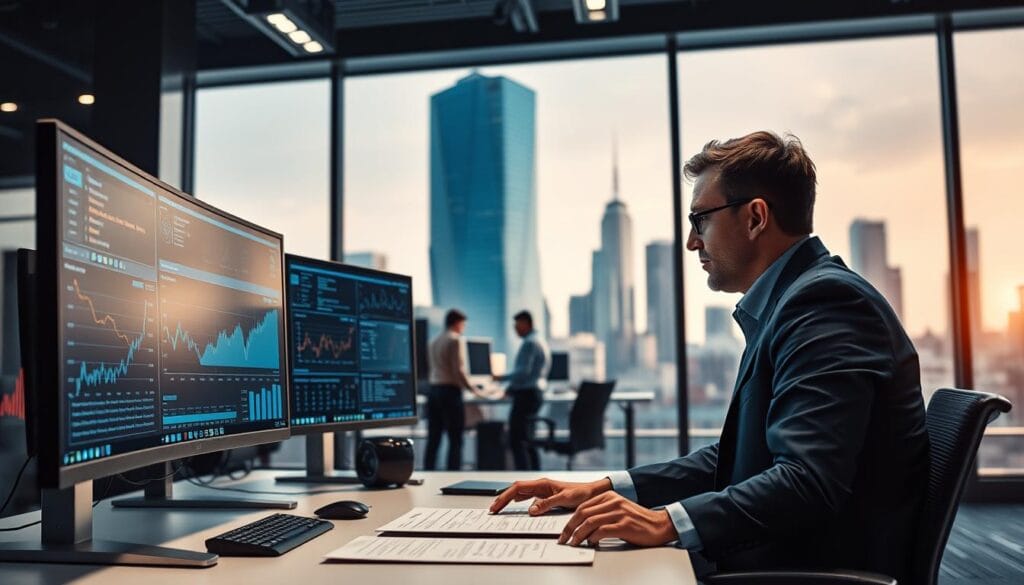 A modern office workspace with sophisticated AI-powered analytical software displayed on multiple high-resolution monitors. In the foreground, an insurance underwriter intently reviewing risk data and modeling probability curves. The middle ground features a team of actuaries and data scientists collaborating on complex algorithms to optimize underwriting decisions. The background showcases a cityscape of towering skyscrapers, symbolizing the scale and impact of the digitally-driven insurance industry. Bright, clean lighting accentuates the focus and precision of the work, while a subtle blue-tinted color palette evokes trust and reliability associated with the financial sector. A modern office workspace with sophisticated AI-powered analytical software displayed on multiple high-resolution monitors. In the foreground, an insurance underwriter intently reviewing risk data and modeling probability curves. The middle ground features a team of actuaries and data scientists collaborating on complex algorithms to optimize underwriting decisions. The background showcases a cityscape of towering skyscrapers, symbolizing the scale and impact of the digitally-driven insurance industry. Bright, clean lighting accentuates the focus and precision of the work, while a subtle blue-tinted color palette evokes trust and reliability associated with the financial sector.