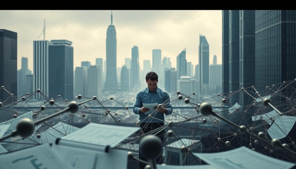 A modern regulatory landscape for AI investment, with complex webs of guidelines and policies in the foreground. In the middle ground, decision-makers pore over data and charts, navigating the intricate legal frameworks. The background depicts a cityscape of towering skyscrapers, representing the financial epicenter where these AI-driven investment strategies take shape. Diffused lighting casts an air of contemplation, as the scene conveys the high-stakes challenges of responsibly harnessing AI's transformative potential within a robust regulatory environment. A modern regulatory landscape for AI investment, with complex webs of guidelines and policies in the foreground. In the middle ground, decision-makers pore over data and charts, navigating the intricate legal frameworks. The background depicts a cityscape of towering skyscrapers, representing the financial epicenter where these AI-driven investment strategies take shape. Diffused lighting casts an air of contemplation, as the scene conveys the high-stakes challenges of responsibly harnessing AI's transformative potential within a robust regulatory environment.