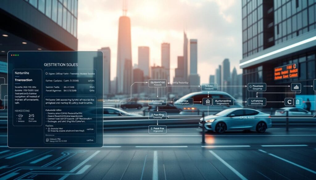 A modern, sleek blockchain interface displaying a digital insurance policy issuing process. The foreground features a secure blockchain transaction with detailed contract details, cryptographic signatures, and a data visualization dashboard. The middle ground showcases an efficient underwriting workflow, with AI-powered risk assessment and automated claim processing. The background depicts a futuristic cityscape, with skyscrapers and autonomous vehicles, symbolizing the integration of blockchain technology into the urban insurance landscape. Cinematic lighting highlights the streamlined, high-tech aesthetic, conveying a sense of innovation and progress in the insurance industry.