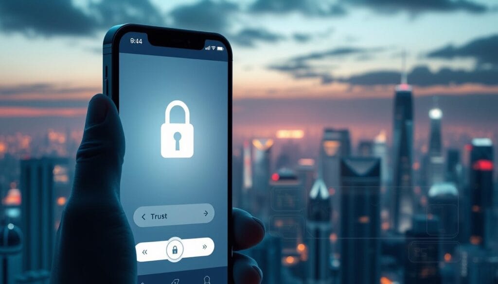 A modern, sleek financial application interface with a prominent security lock icon, set against a backdrop of a futuristic cityscape. The app features a clean, minimalist design with intuitive user controls and robust encryption indicators. Soft, ambient lighting illuminates the screen, creating a sense of trust and reliability. The city skyline in the background suggests the global reach and connectivity of the app, while subtle security patterns and gradients evoke a sense of protection and data integrity. The overall composition conveys a balance of innovation, simplicity, and robust safeguards for personal financial management.