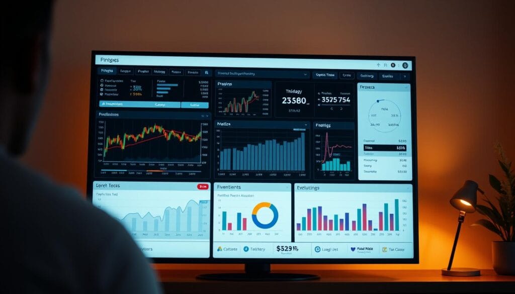 A modern, sleek financial dashboard in a minimalist style. On the screen, various investment metrics and visualizations are displayed, including stock charts, portfolio allocation, and performance analytics. The layout is clean and intuitive, with clear data visualization to aid in investment decision-making. Warm, indirect lighting casts a subtle glow, creating a professional and authoritative atmosphere. The scene is captured from a slightly elevated angle, giving a sense of control and oversight over the digital investment tools. The overall mood is one of sophistication, efficiency, and data-driven decision-making, perfectly suited for a robo-advisor platform focused on tax-efficient portfolio management. A modern, sleek financial dashboard in a minimalist style. On the screen, various investment metrics and visualizations are displayed, including stock charts, portfolio allocation, and performance analytics. The layout is clean and intuitive, with clear data visualization to aid in investment decision-making. Warm, indirect lighting casts a subtle glow, creating a professional and authoritative atmosphere. The scene is captured from a slightly elevated angle, giving a sense of control and oversight over the digital investment tools. The overall mood is one of sophistication, efficiency, and data-driven decision-making, perfectly suited for a robo-advisor platform focused on tax-efficient portfolio management.