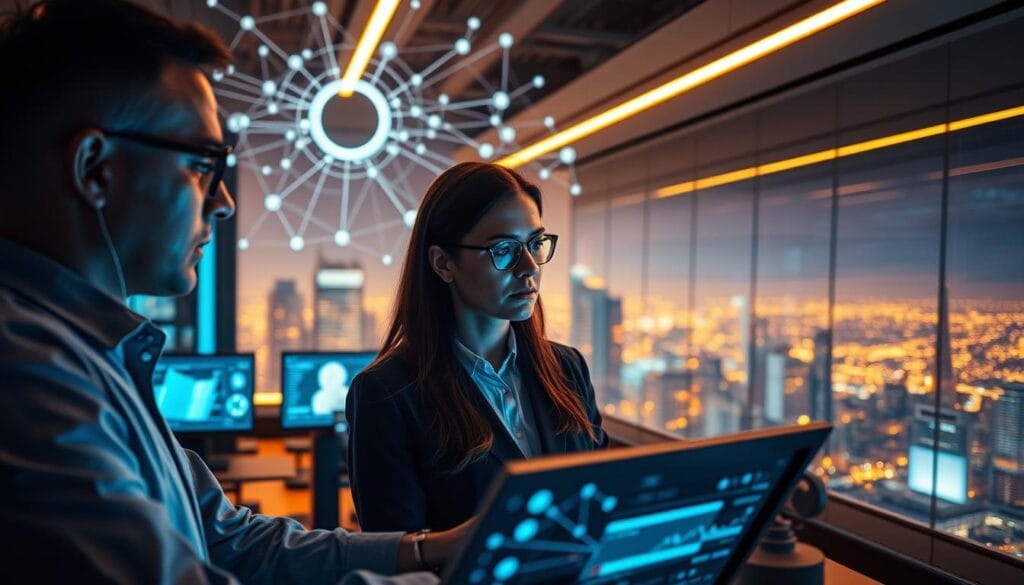 A modern, sleek insurance claims processing center, bathed in warm, ambient lighting. In the foreground, a team of AI analysts intently examining customer data on high-resolution display screens, their expressions focused and determined. The middle ground features a network of interconnected databases and algorithms, visualized as a complex web of lines and glowing nodes. In the background, a panoramic view of a bustling city skyline, hinting at the scale and reach of the AI-powered claims system. The overall mood is one of efficiency, innovation, and a commitment to delivering seamless, customer-centric service. A modern, sleek insurance claims processing center, bathed in warm, ambient lighting. In the foreground, a team of AI analysts intently examining customer data on high-resolution display screens, their expressions focused and determined. The middle ground features a network of interconnected databases and algorithms, visualized as a complex web of lines and glowing nodes. In the background, a panoramic view of a bustling city skyline, hinting at the scale and reach of the AI-powered claims system. The overall mood is one of efficiency, innovation, and a commitment to delivering seamless, customer-centric service.