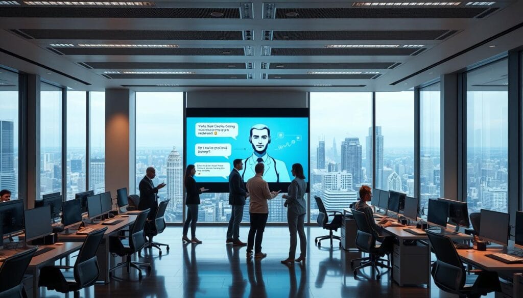 A modern, sleek insurance office interior with a prominent focal point of a conversational AI chatbot interface. The chatbot avatar is displayed on a large, high-resolution wall-mounted touchscreen display, bathed in soft, indirect lighting. In the middle ground, insurance agents are engaged in discussion with customers, facilitated by the AI chatbot's suggestions and guidance. The background features rows of workstations, ergonomic furniture, and a panoramic view of a bustling city skyline through floor-to-ceiling windows, conveying a sense of productivity, innovation, and customer-centric service. The overall atmosphere is one of technological sophistication, seamless human-AI collaboration, and a forward-thinking approach to insurance services.