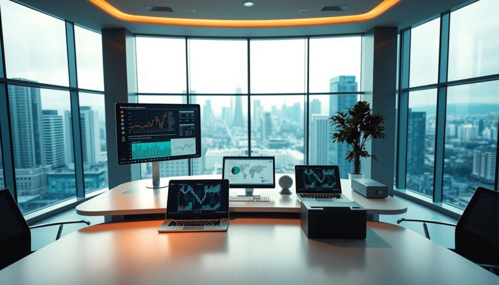 A modern, sleek office interior with a large, curved desk at the center. On the desk, an array of advanced tax software tools are neatly arranged - a high-resolution monitor displaying complex financial data, a state-of-the-art laptop, a smart tablet, and an intelligent document scanner. Soft, indirect lighting bathes the scene in a warm, productive glow, while floor-to-ceiling windows offer a panoramic city skyline view in the background. The overall atmosphere conveys a sense of efficiency, technological prowess, and a streamlined approach to tax filing for the modern freelancer. A modern, sleek office interior with a large, curved desk at the center. On the desk, an array of advanced tax software tools are neatly arranged - a high-resolution monitor displaying complex financial data, a state-of-the-art laptop, a smart tablet, and an intelligent document scanner. Soft, indirect lighting bathes the scene in a warm, productive glow, while floor-to-ceiling windows offer a panoramic city skyline view in the background. The overall atmosphere conveys a sense of efficiency, technological prowess, and a streamlined approach to tax filing for the modern freelancer.