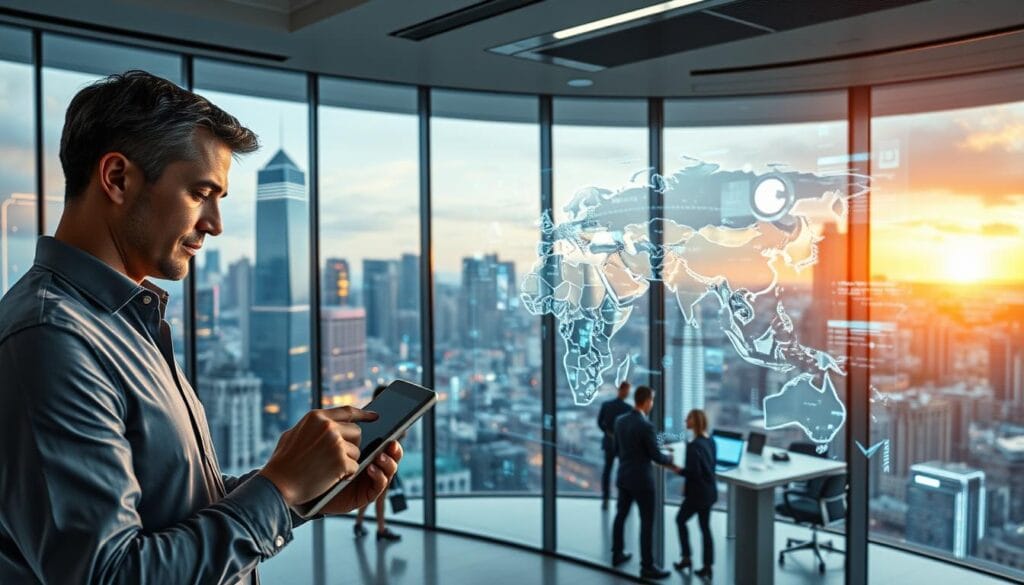 A modern, sleek office interior with a large, curved glass facade overlooking a bustling city skyline. In the foreground, a professional working on a tablet with a focused expression, surrounded by holographic displays and AI-powered analytics tools. The middle ground features a team of global professionals collaborating on a transparent, interactive 3D world map, navigating complex tax compliance and financial regulations across borders. In the background, an advanced, AI-driven tax compliance platform projects vivid visualizations and real-time data insights, casting a warm, futuristic glow throughout the space. A modern, sleek office interior with a large, curved glass facade overlooking a bustling city skyline. In the foreground, a professional working on a tablet with a focused expression, surrounded by holographic displays and AI-powered analytics tools. The middle ground features a team of global professionals collaborating on a transparent, interactive 3D world map, navigating complex tax compliance and financial regulations across borders. In the background, an advanced, AI-driven tax compliance platform projects vivid visualizations and real-time data insights, casting a warm, futuristic glow throughout the space.